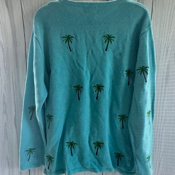 Quacker Factory Vintage Women's Size L Cardigan Teal Palm Tree Sweater READ - Picture 2 of 8